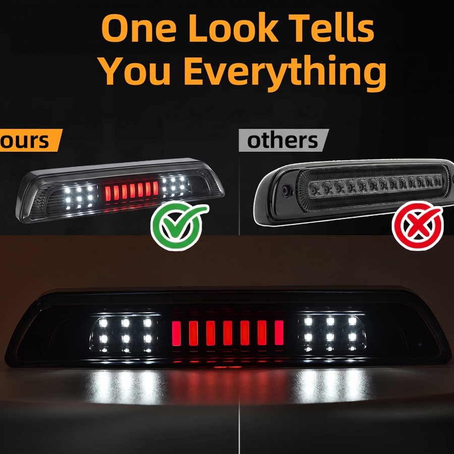 Red brake light and white cargo light lit at night on a Tundra