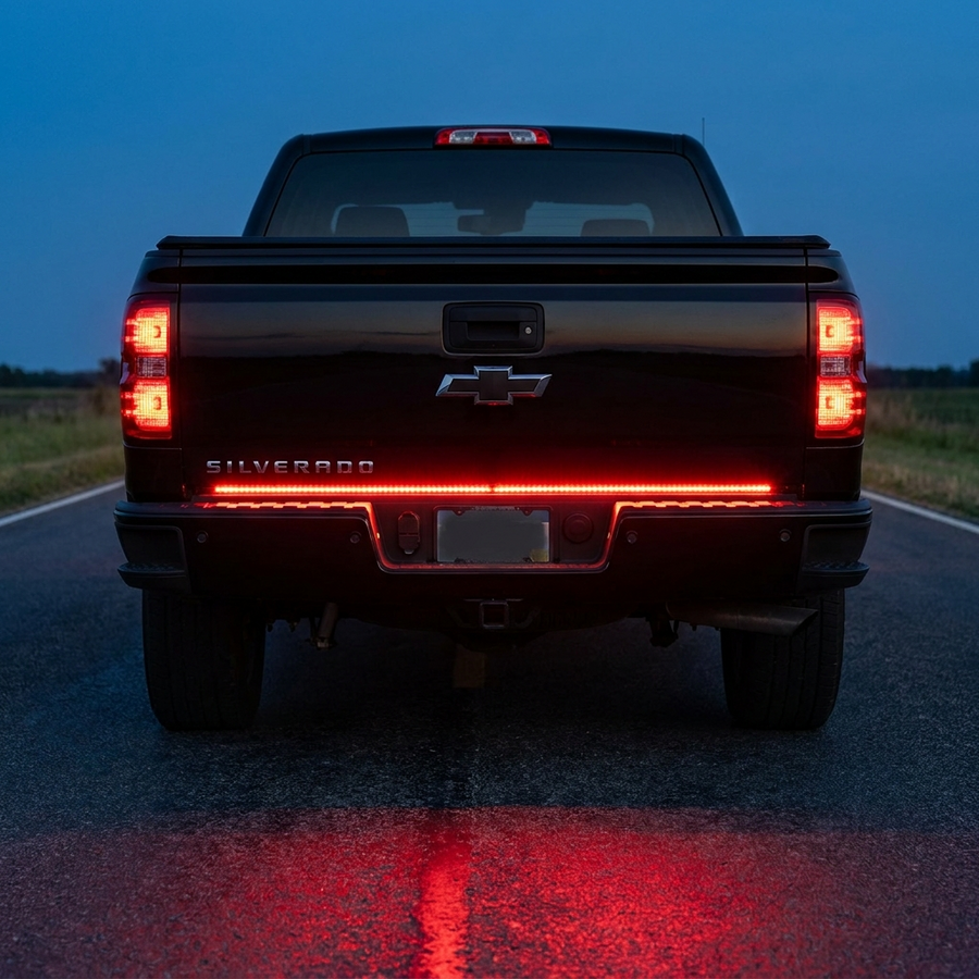 Running, brake, turn and reverse modes on the tailgate light bar