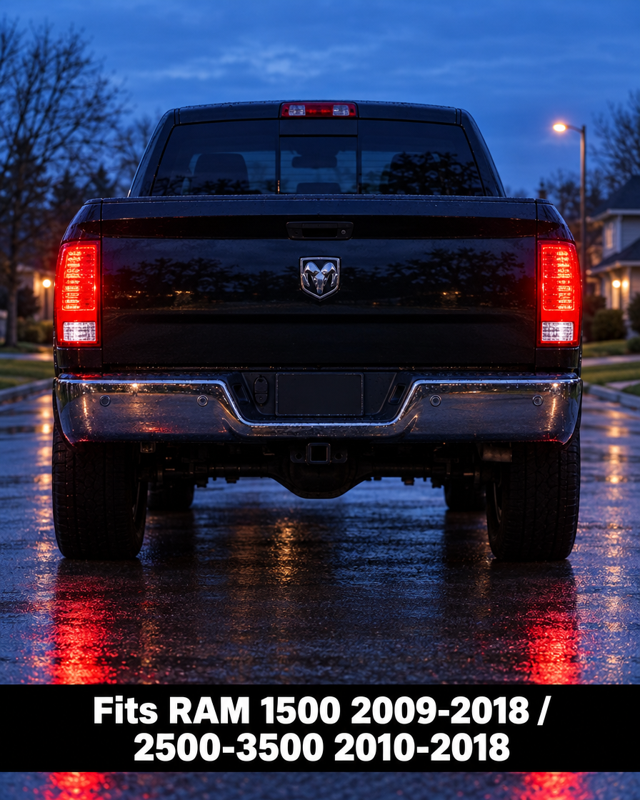 Dodge RAM tail lights lit at dusk - fitment 2009-2018
