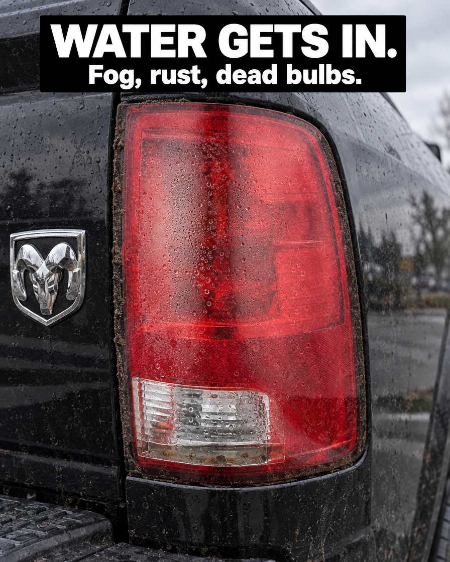 Water and fog inside an old factory Dodge RAM tail light