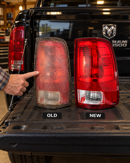 Old water-filled RAM tail light next to a new one