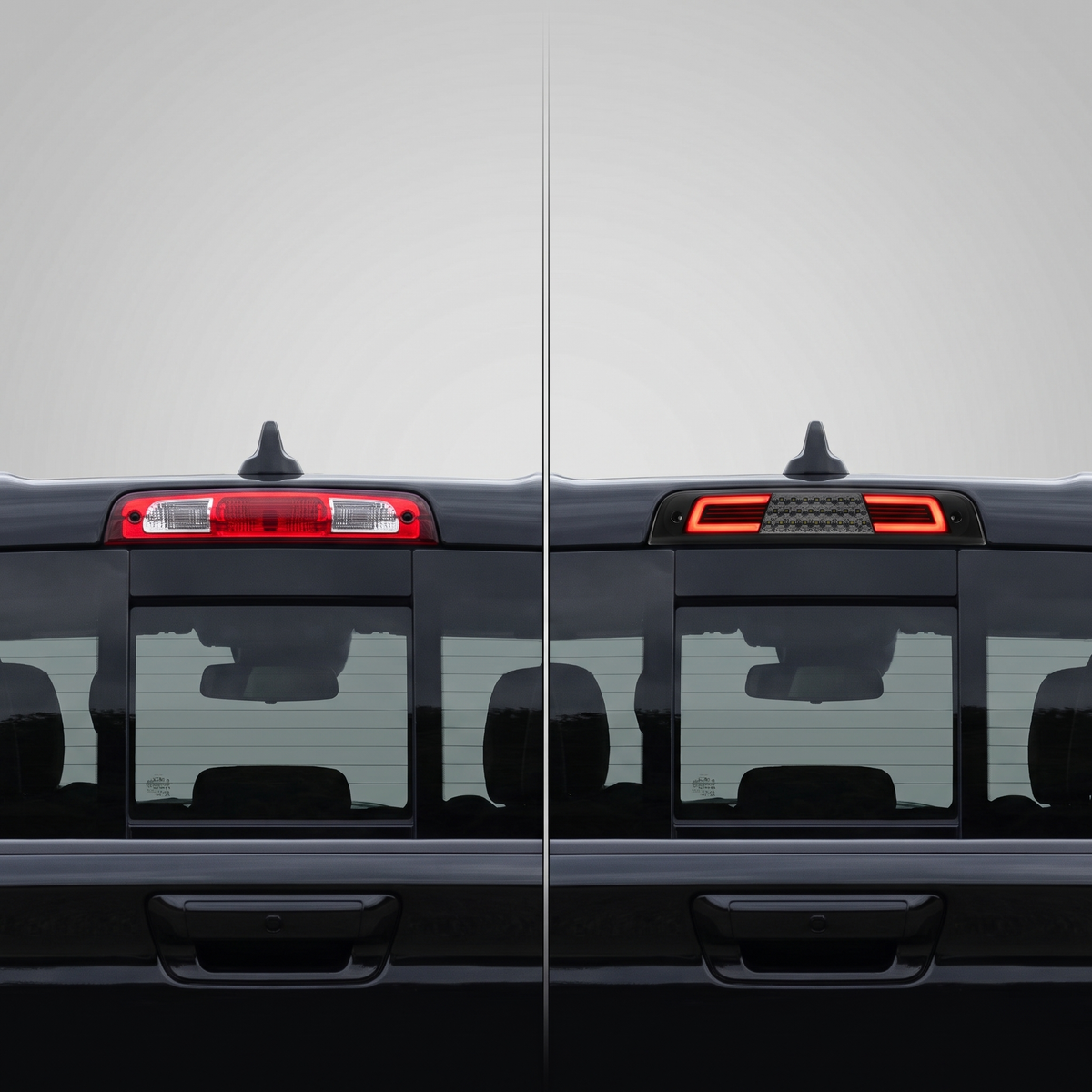 Before and after: factory red vs smoked LED third brake light on 2019-2022 RAM 1500