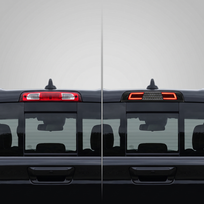 Before and after: factory red vs smoked LED third brake light on 2019-2022 RAM 1500