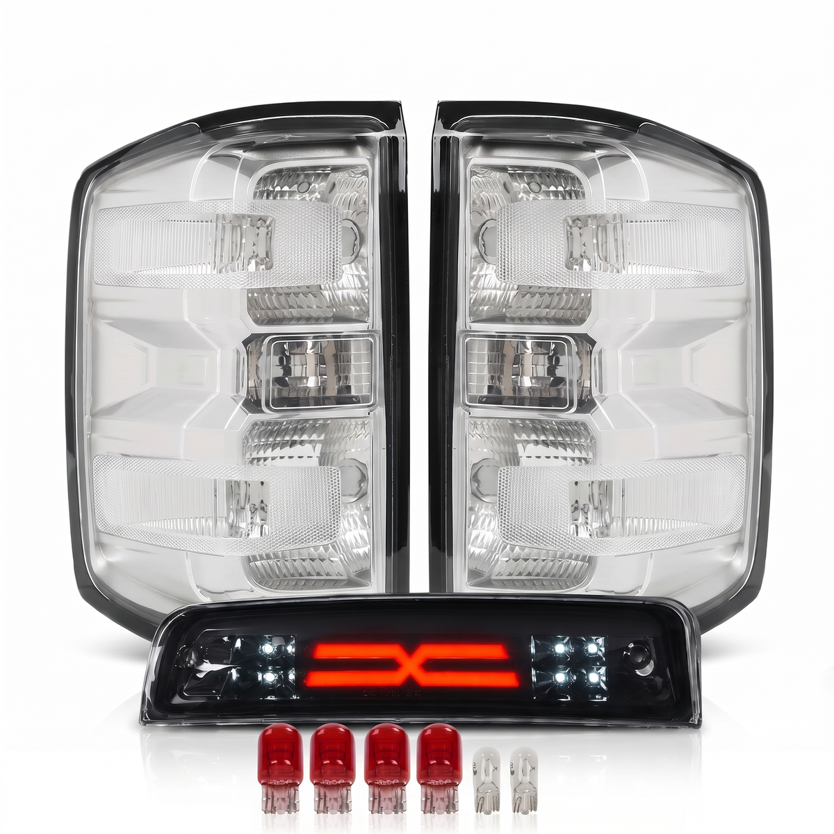 Complete Rear Refresh bundle: clear tail light pair + 3rd brake light for 2014-2018 Chevy Silverado