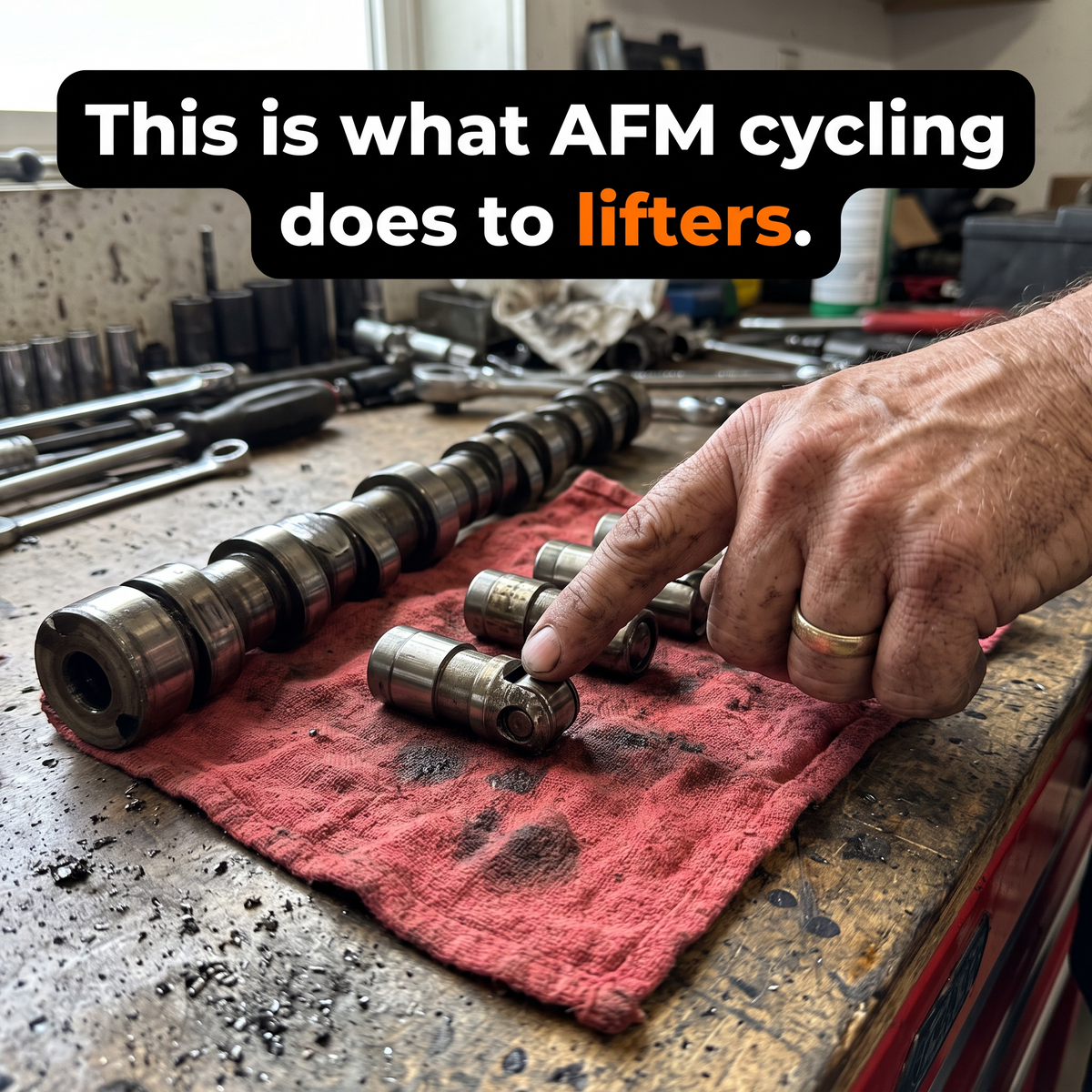 Collapsed lifter and worn camshaft from AFM cycling