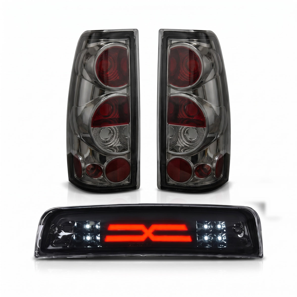 Complete Rear Refresh bundle: smoked tail light pair + 3rd brake light for 1999-2006 Chevy Silverado